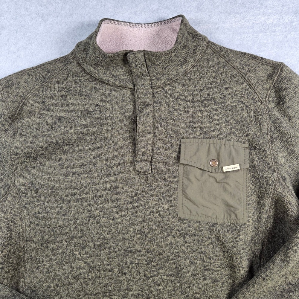 Woolrich Pullover Mens Medium Green Marled Quarter Button Fleece Lined Mock Neck